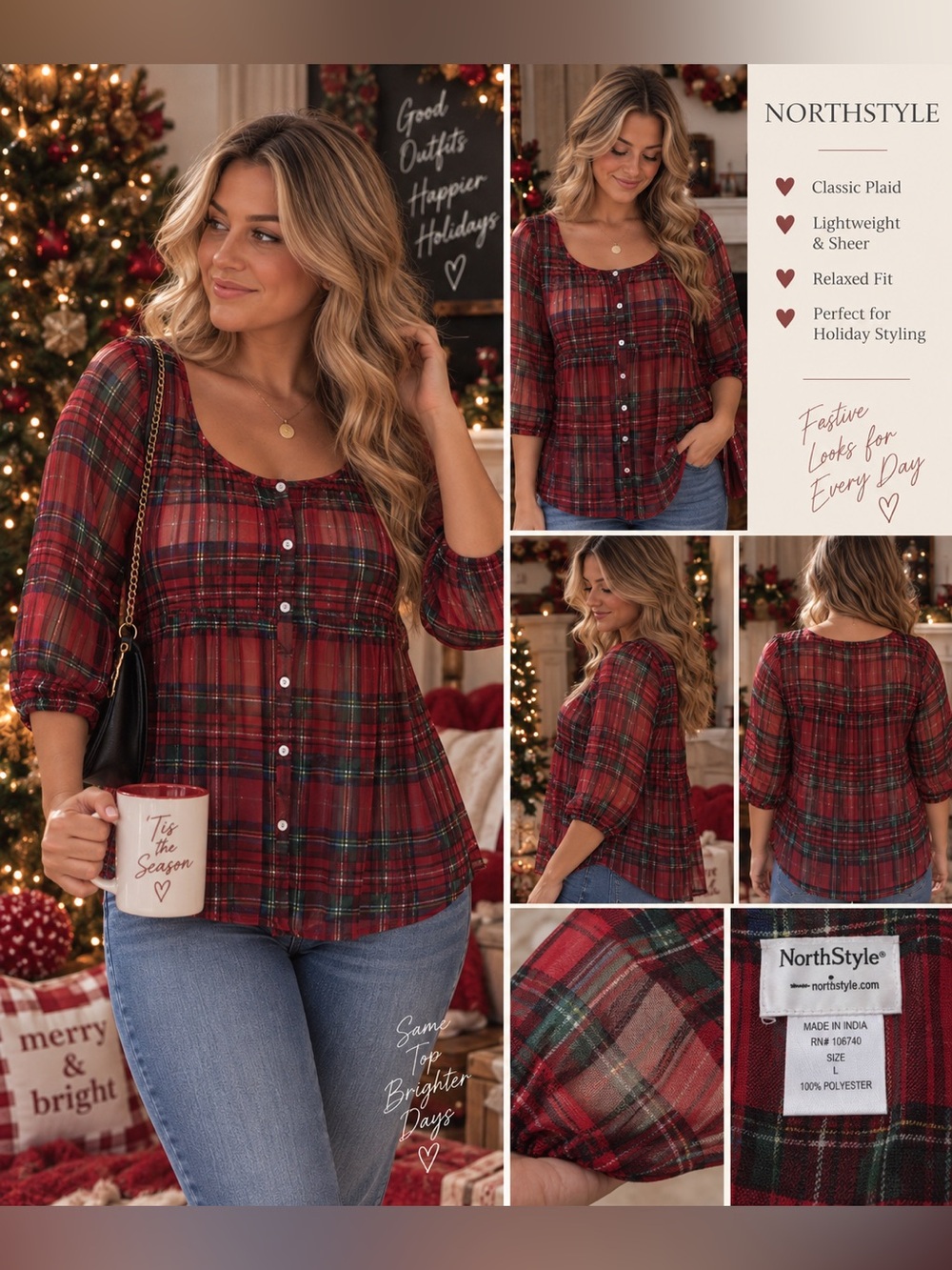 NorthStyle Red Green Plaid Babydoll Blouse Size Large Holiday Christmas Top